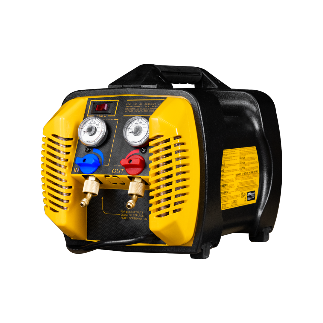 A portable inverter arc welder with yellow casing, blue and red control knobs, pressure gauges, and brass connectors, against a black background.