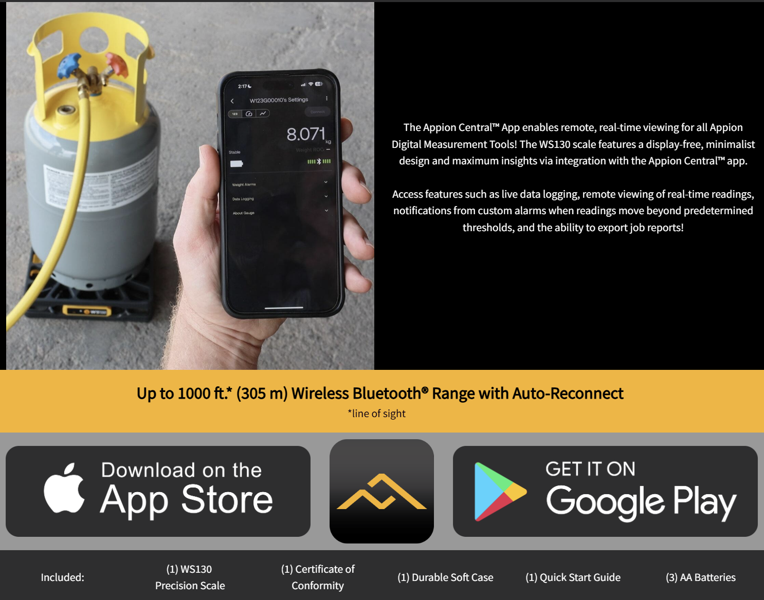 A hand holding a smartphone displaying a digital measurement app, with a yellow propane tank connected by a yellow hose in the background on a concrete surface. The image shows promotional text and app download options for a wireless Bluetooth range device.