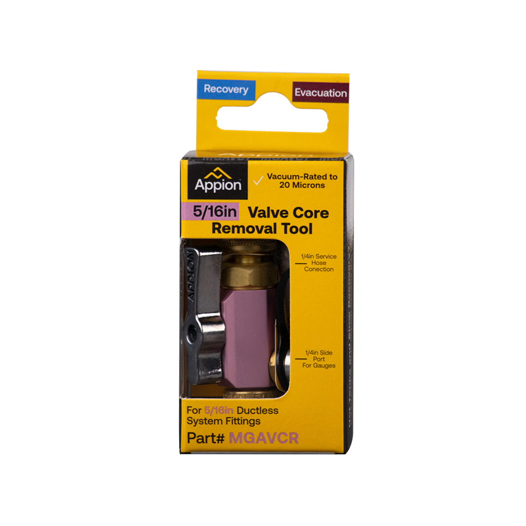 Yellow packaging box with a cut-out window showing a pipe removal tool inside. The box is labeled for vacuum-rated valve core removal, suitable for 5/16 inch ductless system fittings, with parts and specifications written on it.