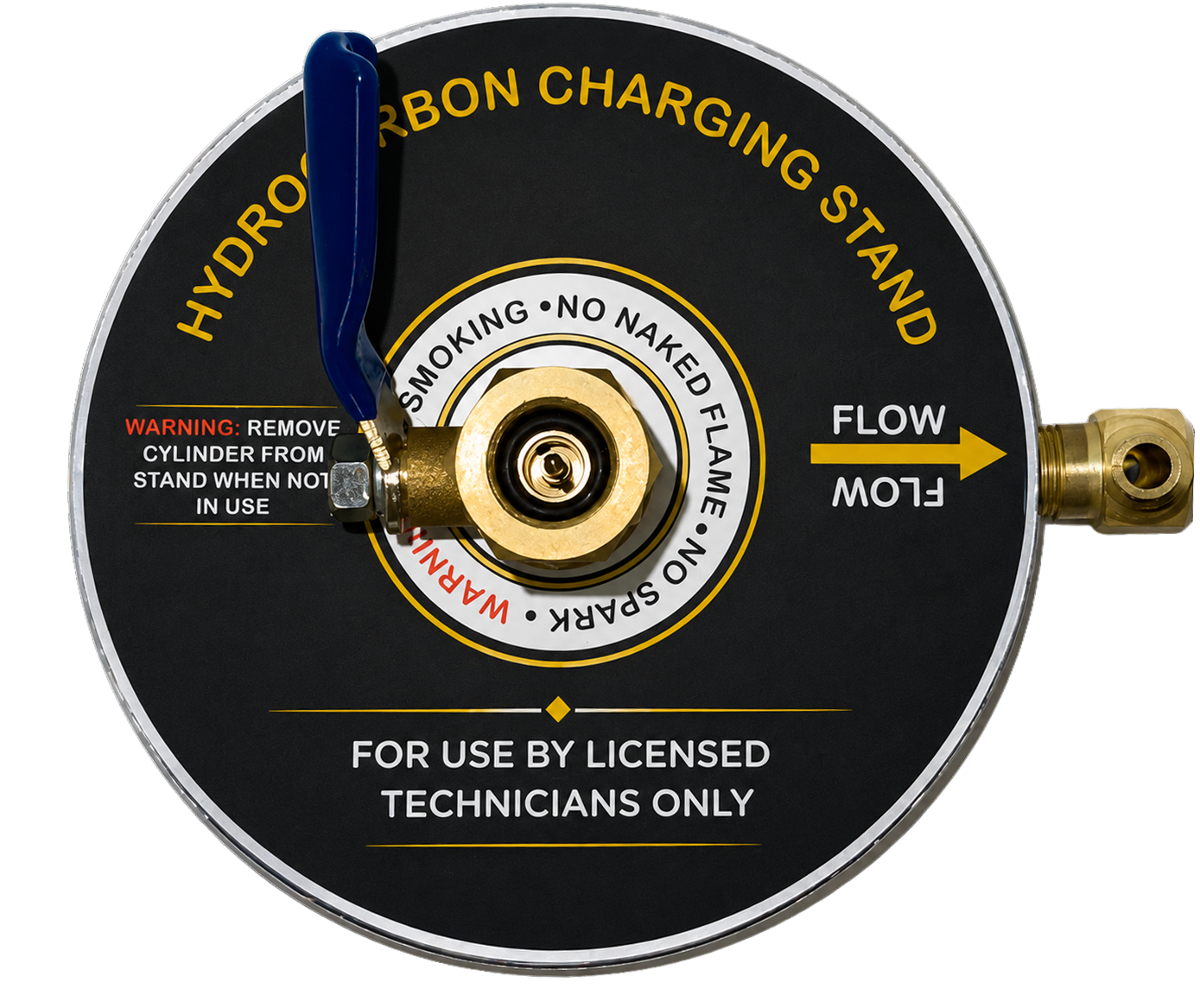 CWG Hydrocarbon Charging Stand top view showing flow direction and safety warning markings