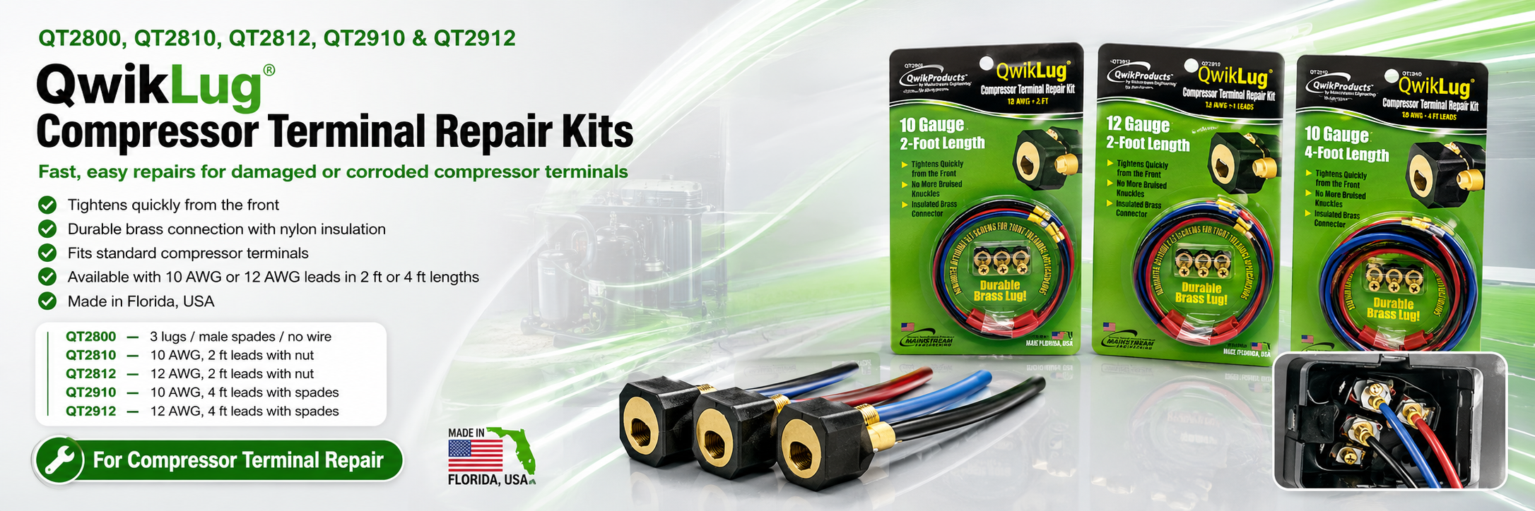 QwikLug compressor terminal repair kit range showing QT2800 QT2810 QT2812 QT2910 and QT2912