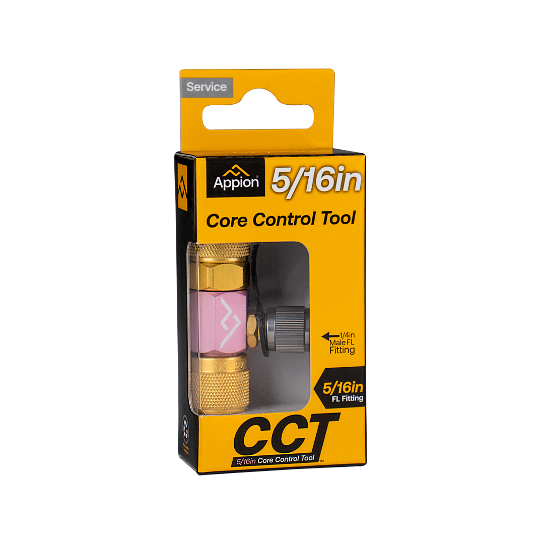 Yellow and black packaging for an Appion 5/16 inch core control tool with a transparent window showing the tool inside.