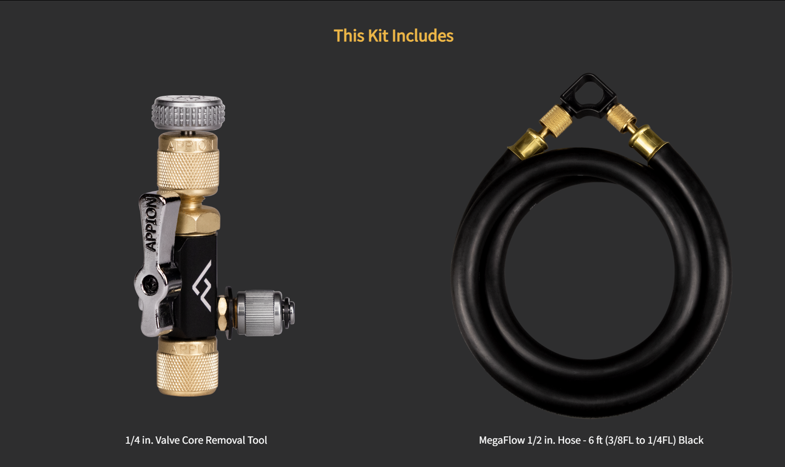 A valve core removal tool and a length of black rubber hose coiled in a circle, with gold fittings on each end. The valve core removal tool is silver and gold with a black connector and various knurled and threaded parts. The image has a dark background with yellow text at the top that says "This Kit Includes" and labels below each item describing their details.