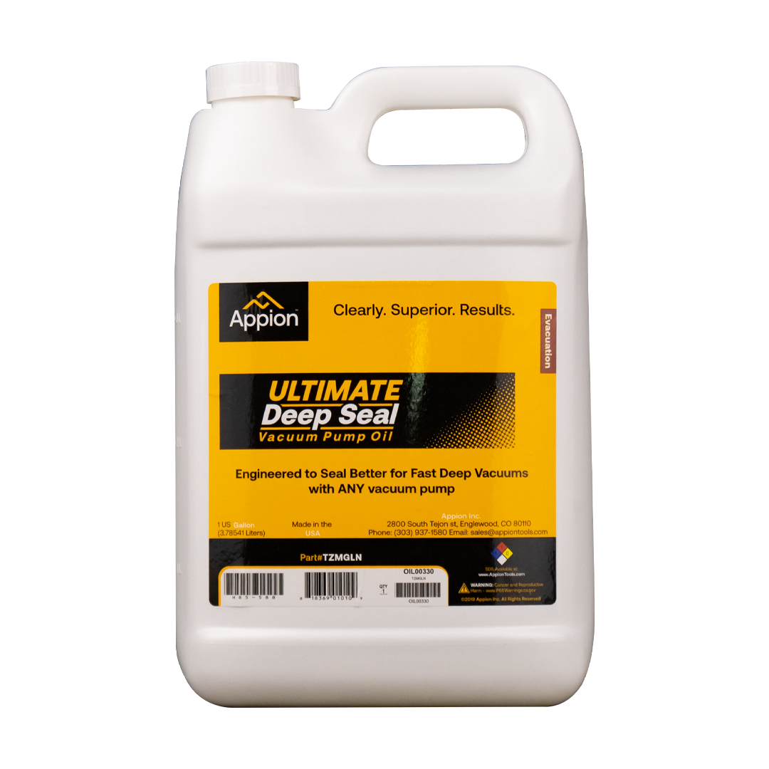 A white plastic jug of Appion ULTIMATE Deep Seal vacuum pump oil with yellow and black label, featuring the product brand, description, and manufacturer information.