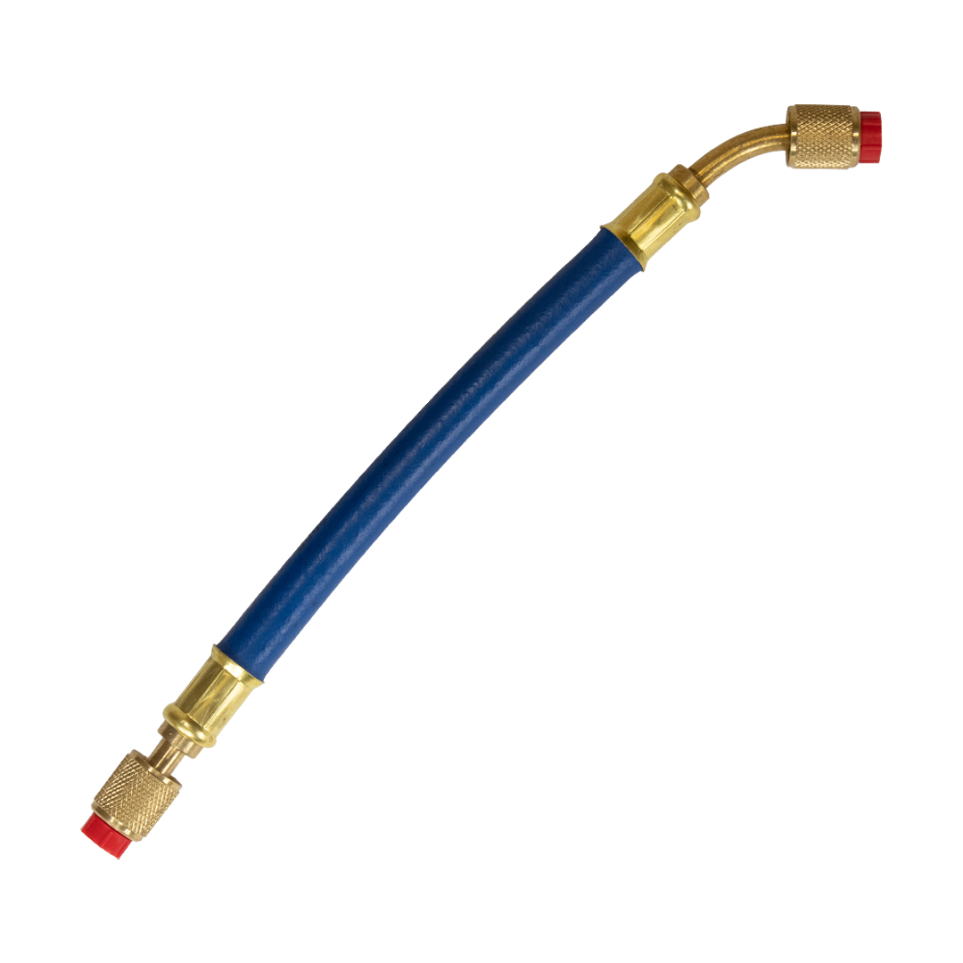 A gas blowtorch with a blue handle, gold fittings, and red safety caps on both ends, positioned diagonally on a beige background.