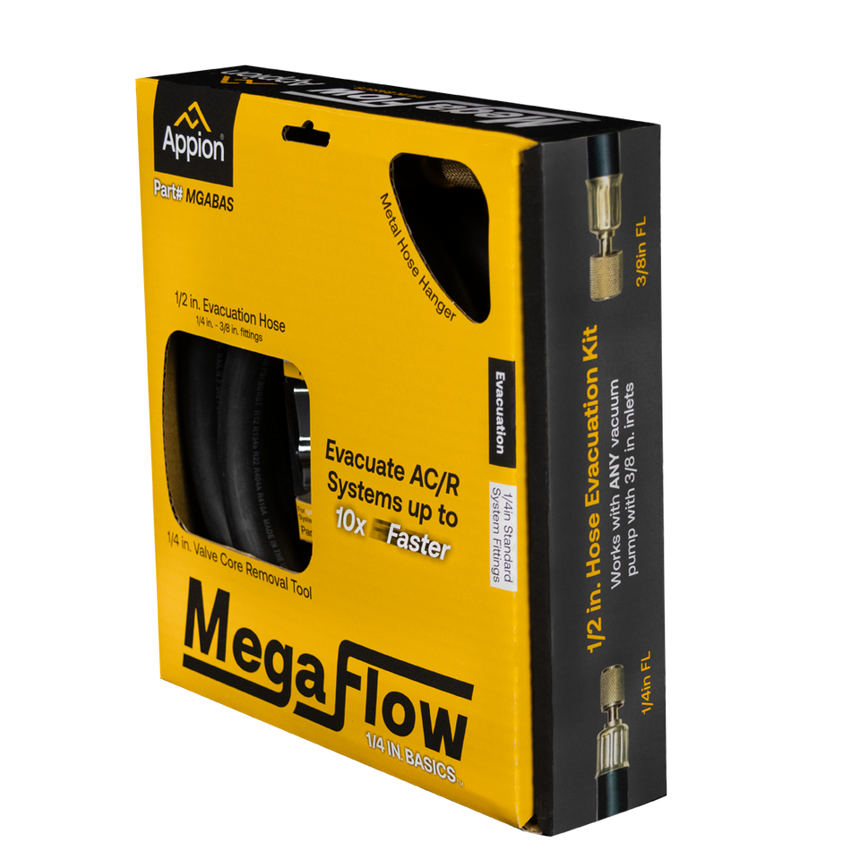 Yellow and black box of MegaFlow 1/2 inch hose evacuation kit for evacuating AC systems, with a cut-out window showing a black evacuation hose coiled inside.