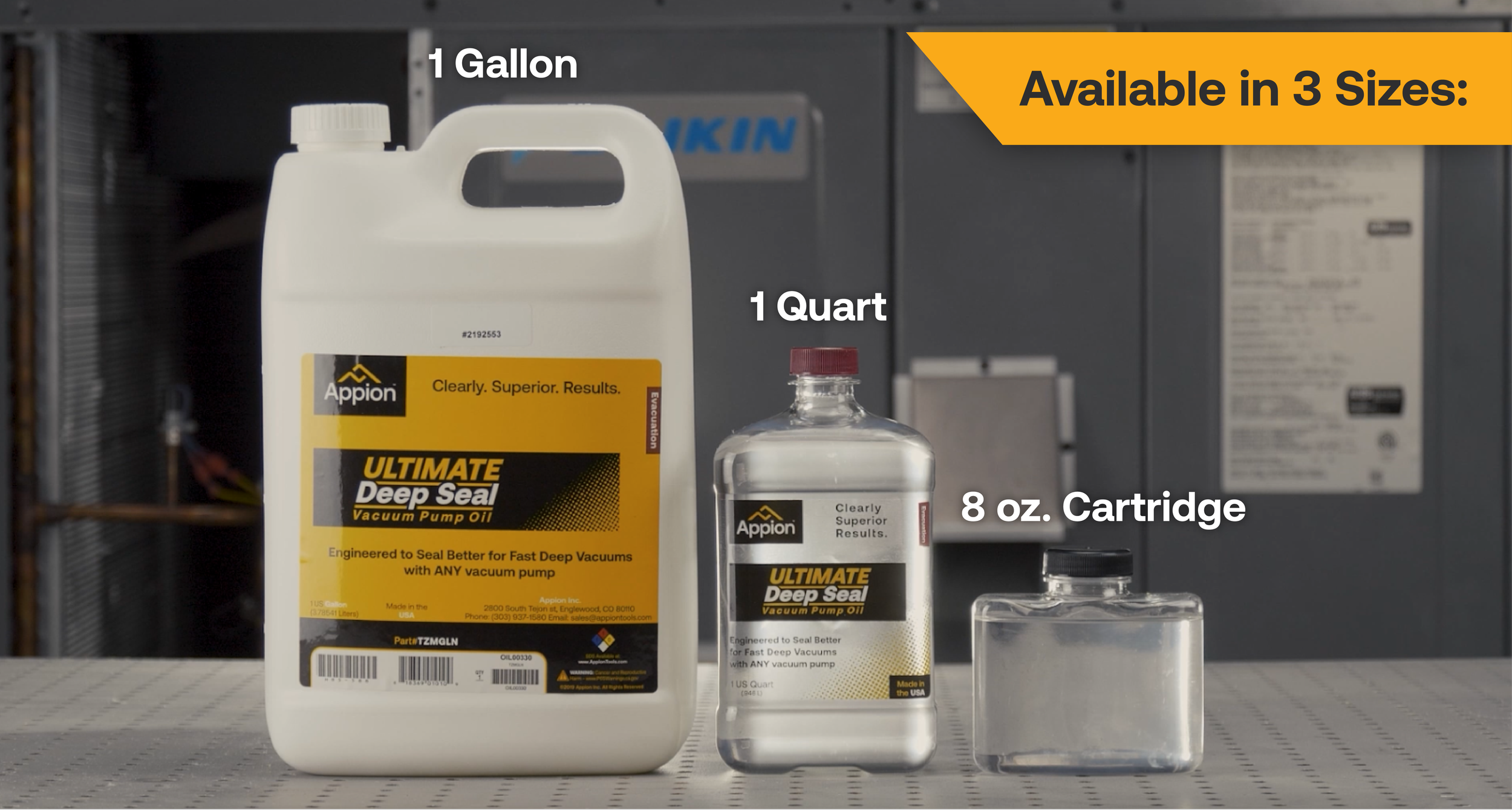 Three containers of Appion Ultimate Deep Seal vacuum pump oil, including a 1-gallon jug, an 8-ounce bottle, and a small container, on a work surface in front of a gray industrial background with labels.