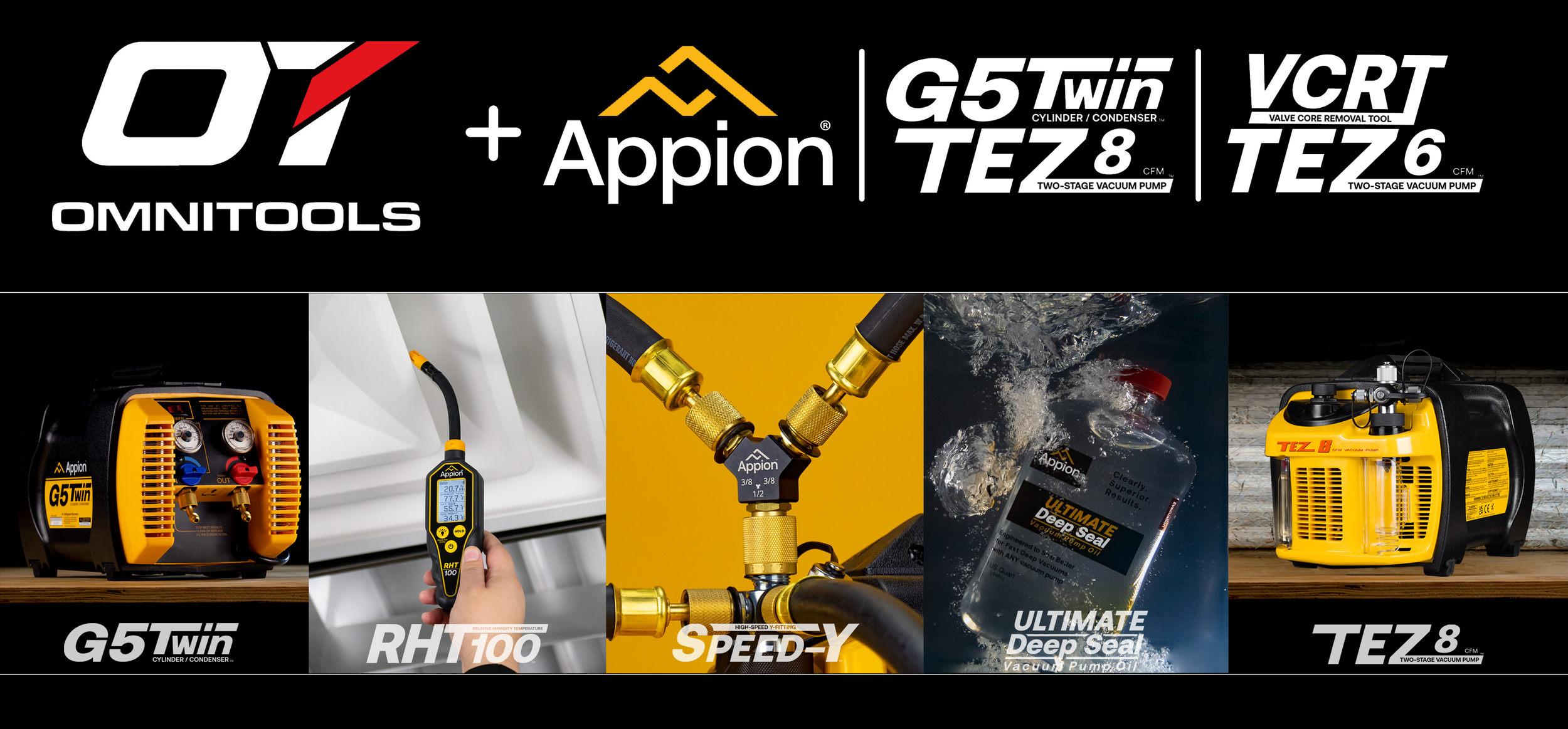 A collage of tools and equipment including a yellow vacuum pump, digital gauge, hoses connected to a yellow manifold, a bottle of vacuum oil, and a handheld digital thermometer, all related to refrigeration and air conditioning maintenance.