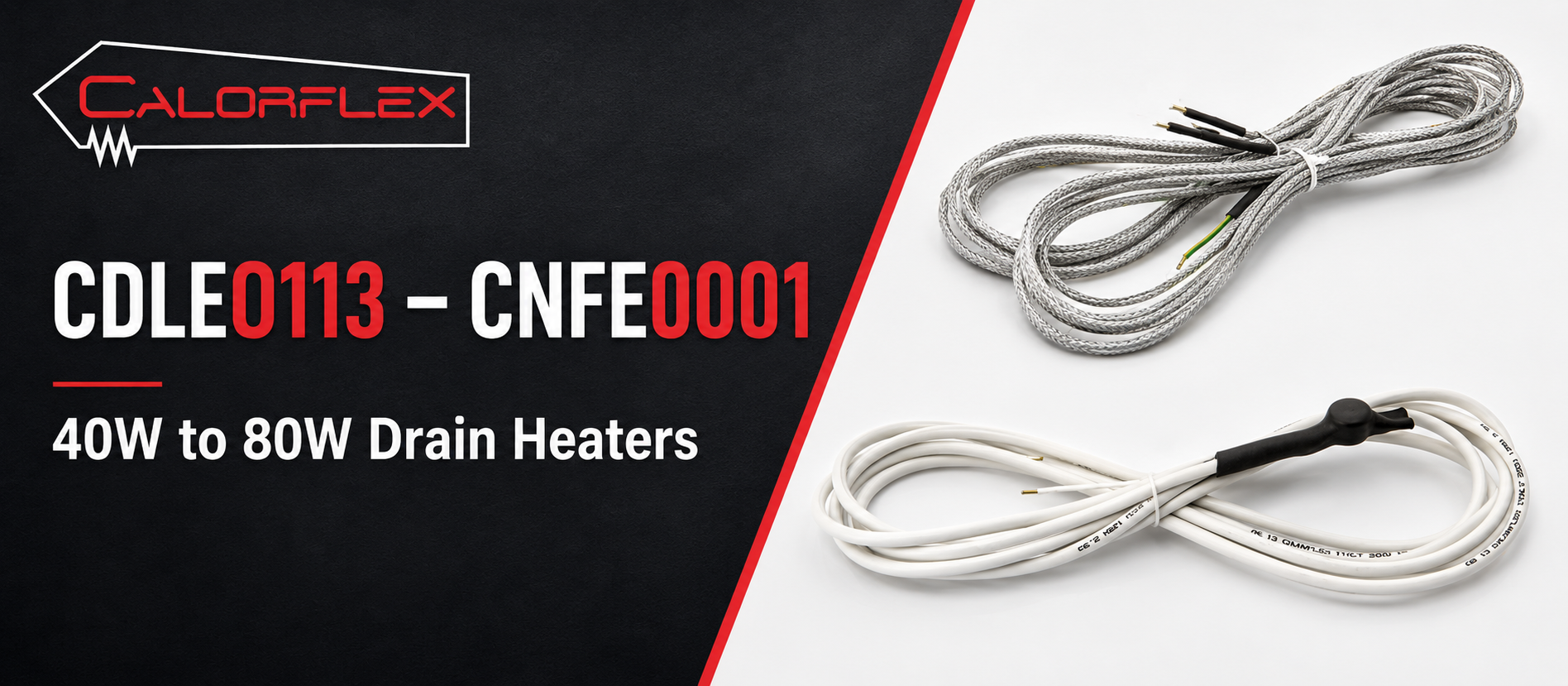 Calorflex drain heater kit range banner showing CDLE0113 and CNFE0001 models