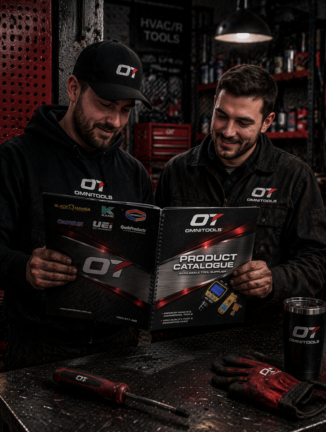 Two men in black Omnitools work attire reviewing a product catalog in a workshop. The table in front has a screwdriver, gloves, and a tumbler with the Omnitools logo. The workshop background features shelves with tools and equipment.