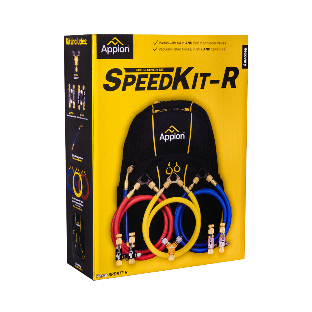 Appion Speed Kit-R fast recovery air conditioning service tool kit with hoses and carrying backpack, in yellow and black packaging.