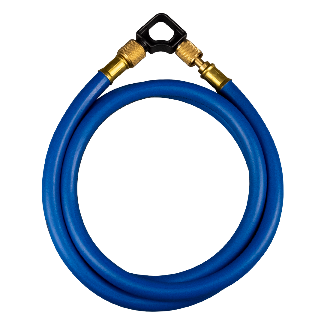 Blue garden hose with brass fittings and black plastic valve on a black background.