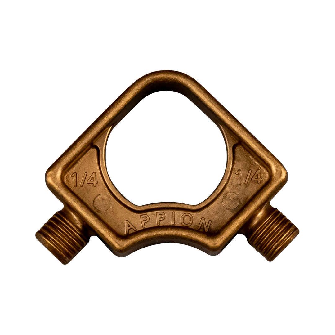 A copper pipe fitting with two threaded openings labeled 1/4 and the brand name APPION.