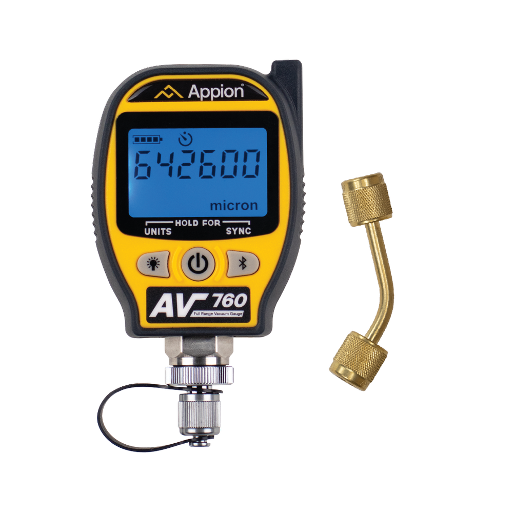 Appion AV760 full range vacuum gauge with 45 degree vacuum-rated connector