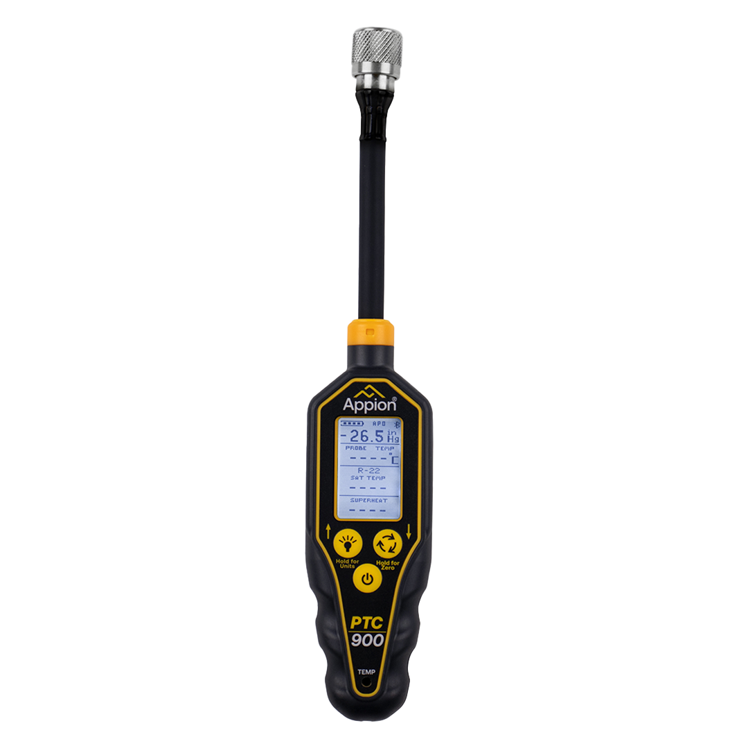 Digital manometer with a probe, displaying pressure and temperature readings, and labeled 'PTC 900'.