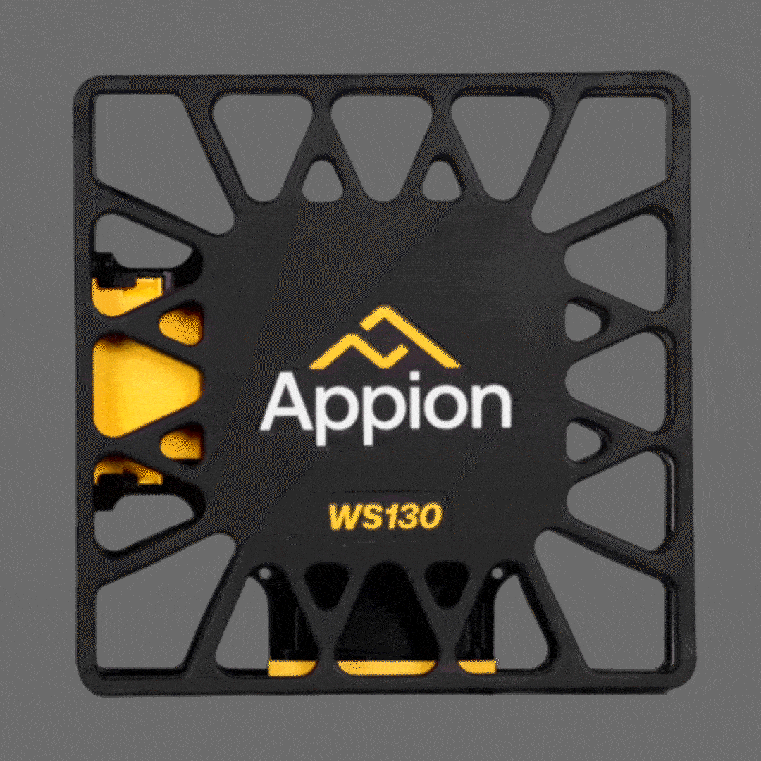 A black Appion WS130 pizza cutter with a square frame, yellow accents, and the brand logo and model number on the center.