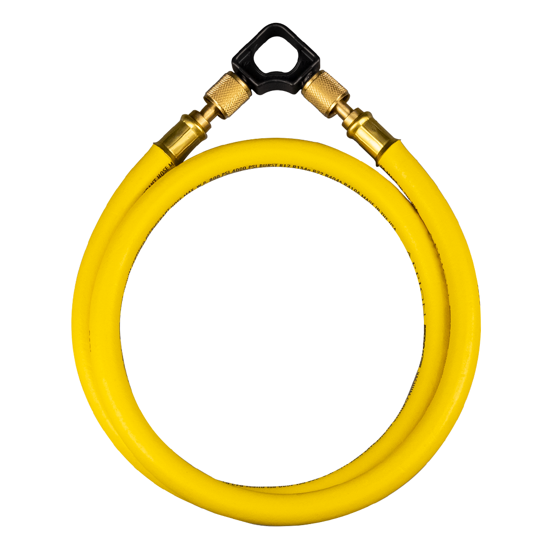 Yellow garden hose coiled with a black and gold spray nozzle, isolated on a black background.