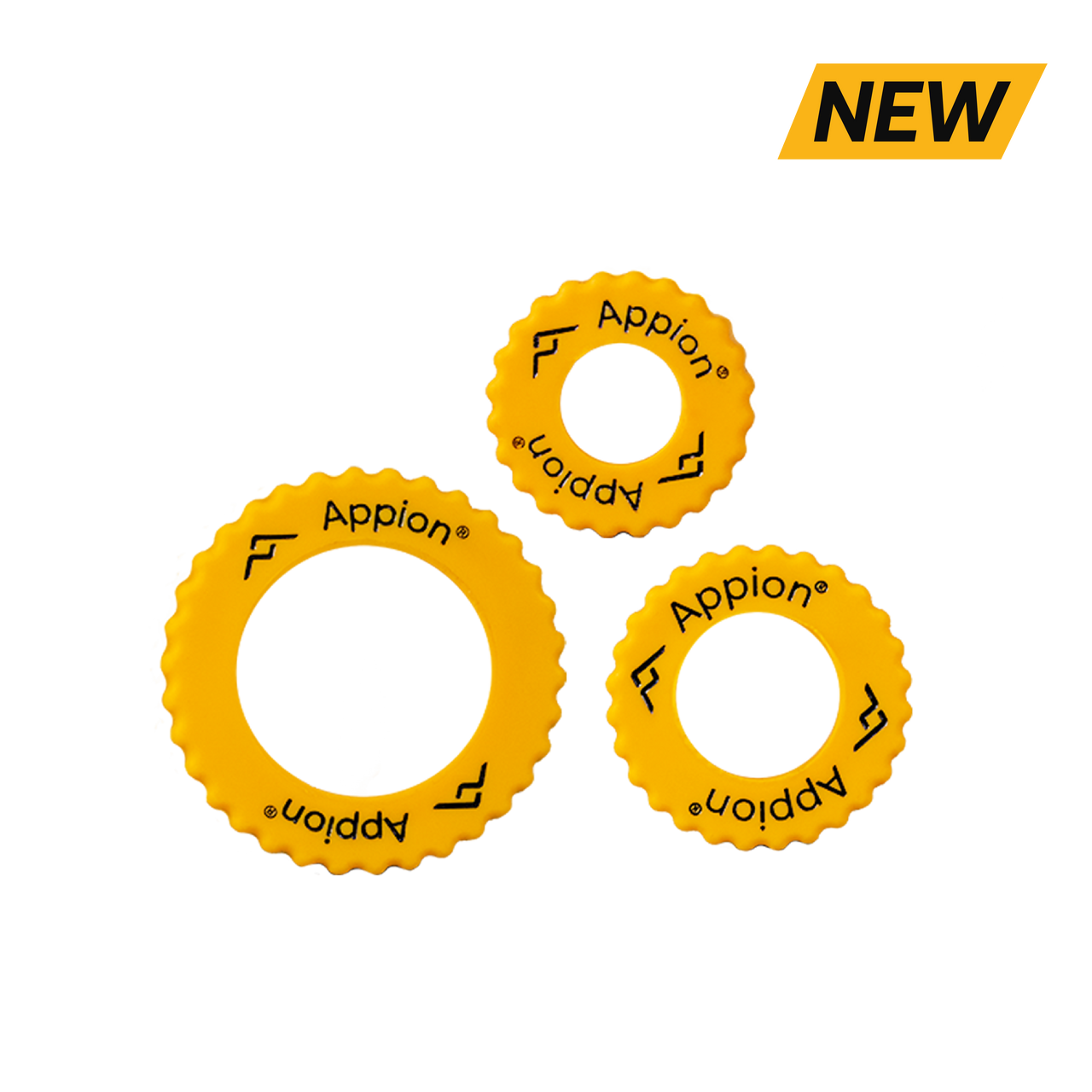 Three yellow plastic bottle caps with the brand name "Appion" and the number 11 printed on them, arranged in a triangle shape.