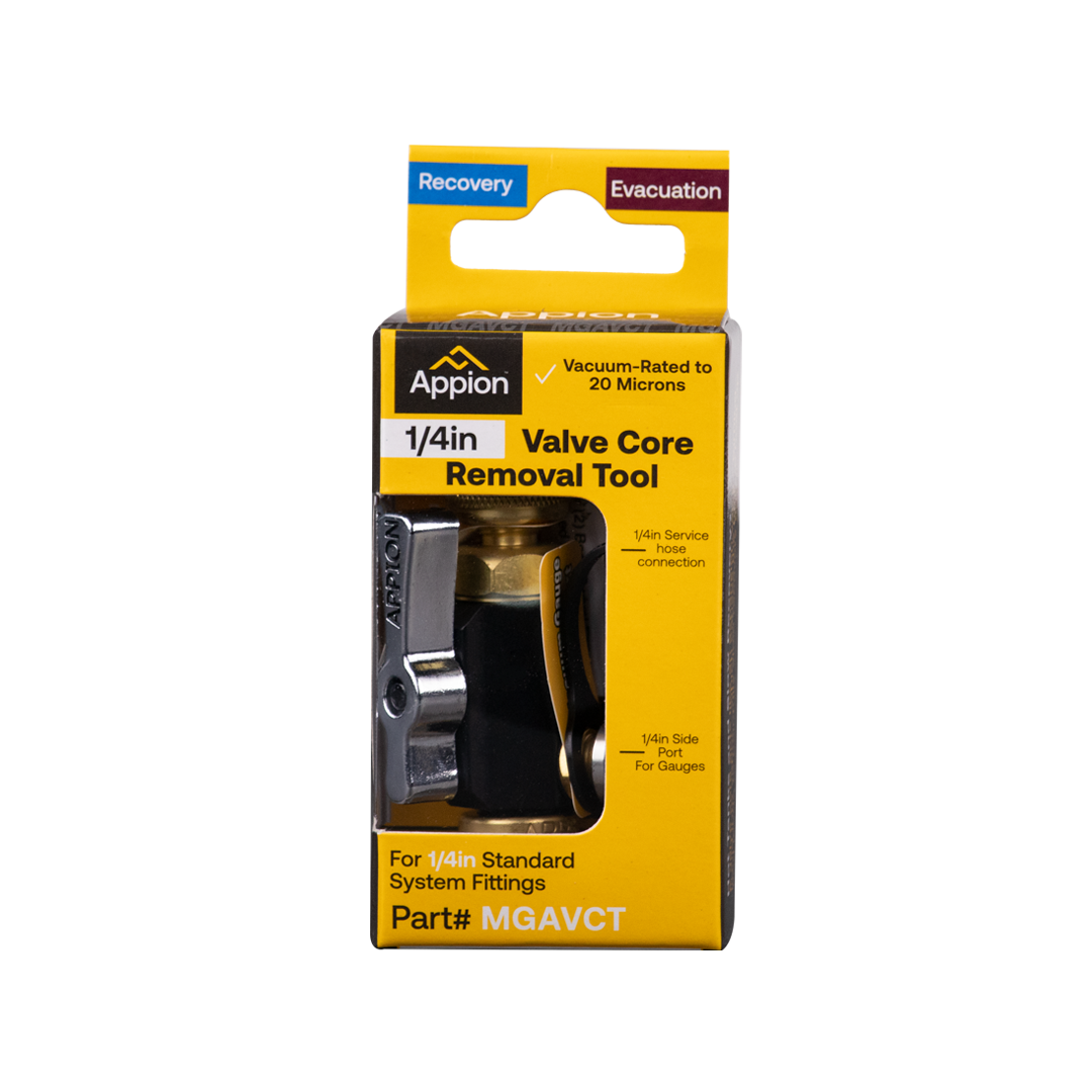 A valve core removal tool in packaging with yellow, black, and silver colors, labeled for vacuum-rated valve core removal, designed for 1/4 inch standard system fittings.