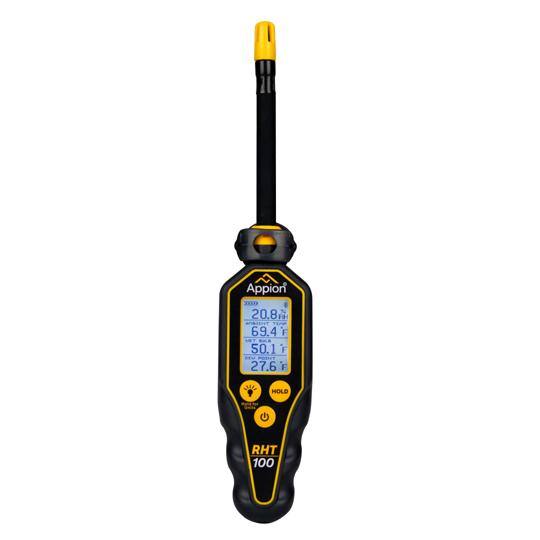 A digital handheld device measuring temperature and humidity, displaying readings for humidity at 20.8%, ambient temperature at 69.4°F, wet bulb temperature at 50.1°F, and dew point at 27.6°F.