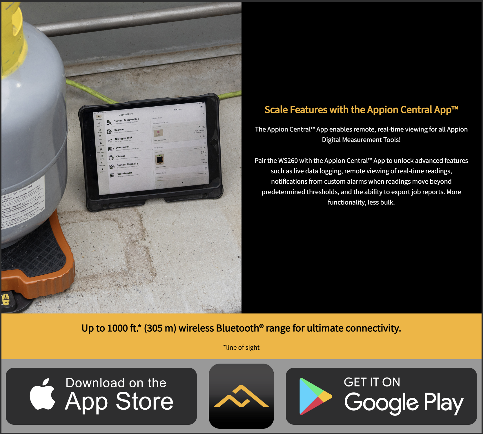 Information screen showing scale features of the Appion Central App, with details on remote viewing and data logging. The background includes a tablet on the ground near a propane tank and an orange and black object. The bottom of the image has download prompts for the App Store and Google Play.