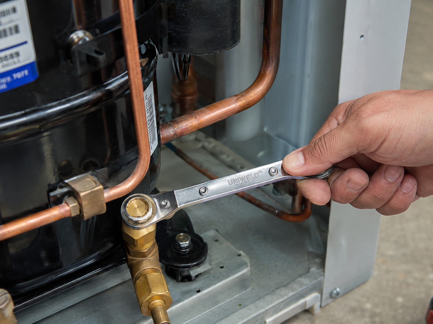 Uniweld ratchet wrench being used on an HVAC/R service fitting