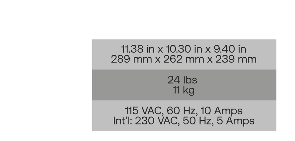Table with specifications including dimensions, weight, and electrical requirements for a device.