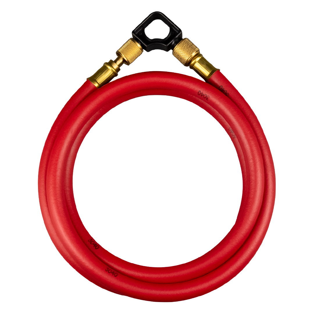 Red hydraulic hose with brass fittings and black connector, coiled in a circle.