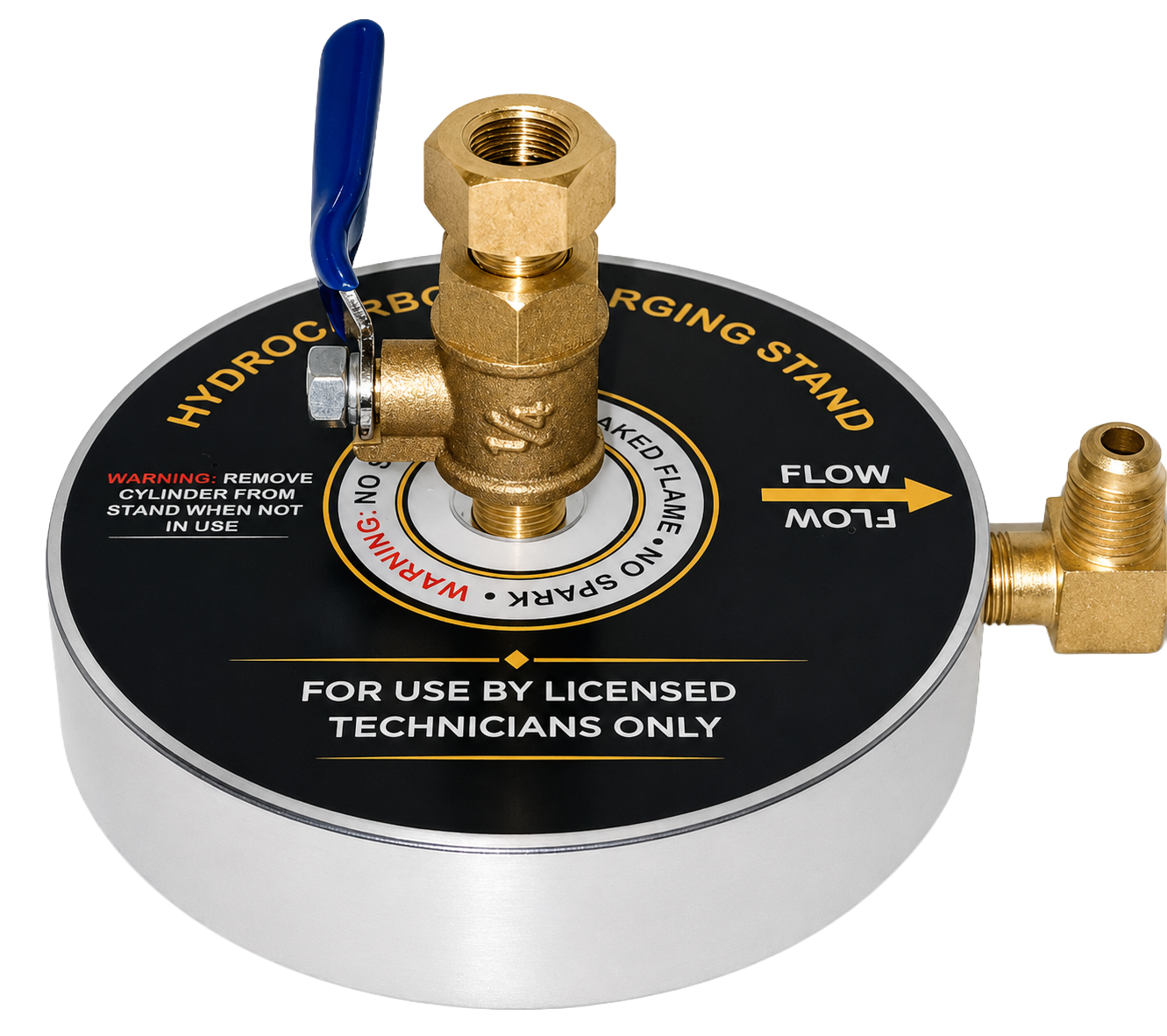CWG Hydrocarbon Charging Stand angled product view with brass fittings and flow markings