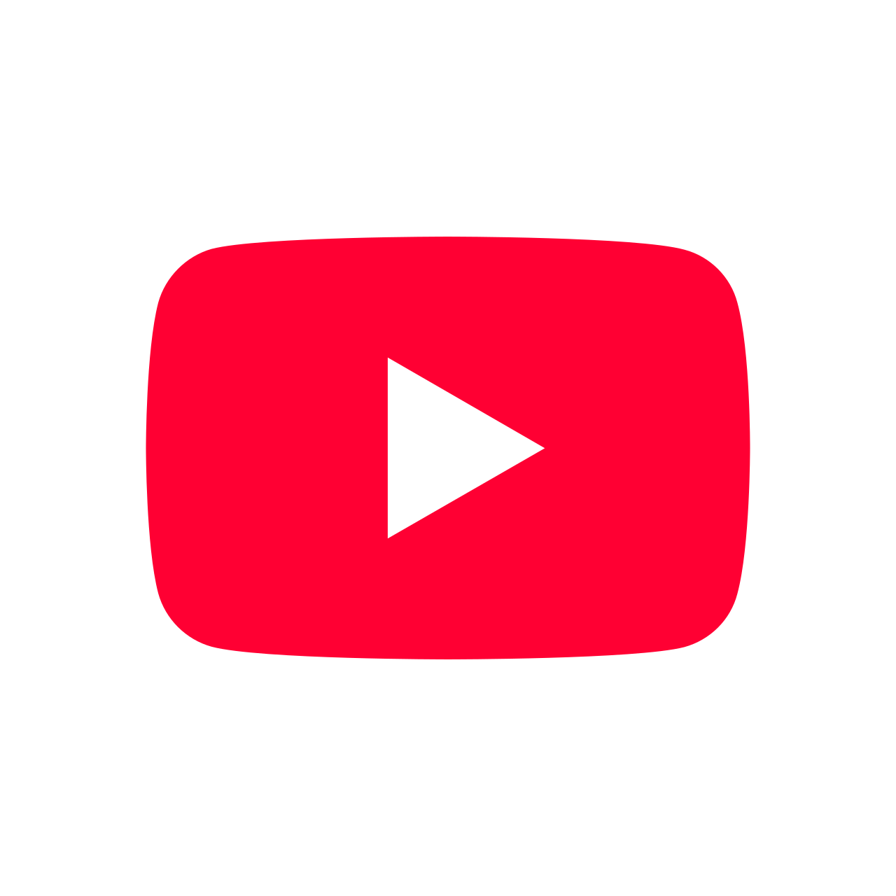 YouTube play button logo with a white triangle inside a red rounded rectangle on a white background.
