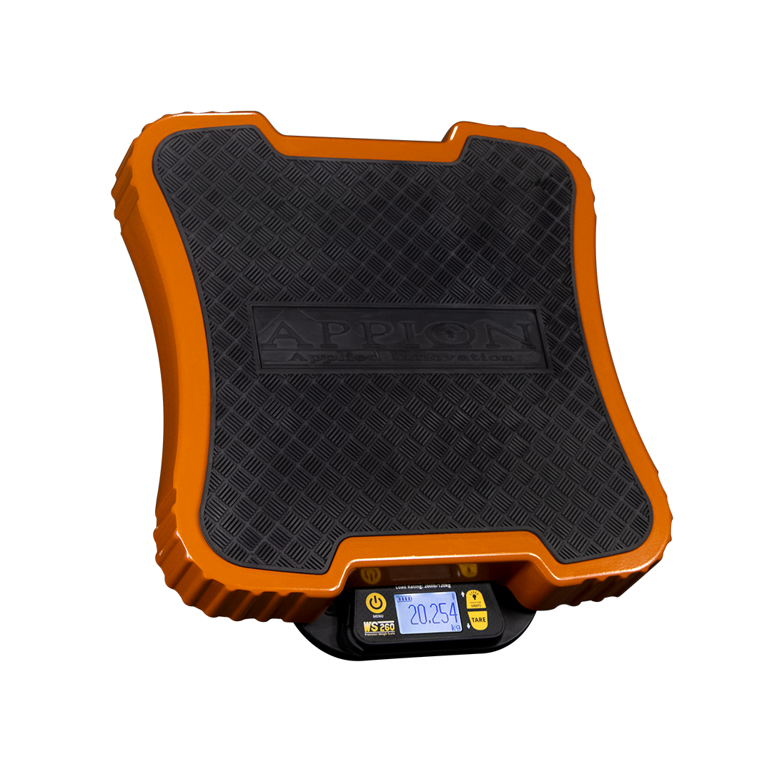 An orange and black digital weighing scale with a platform for weighing items, displaying a weight of 20.254 kilograms.
