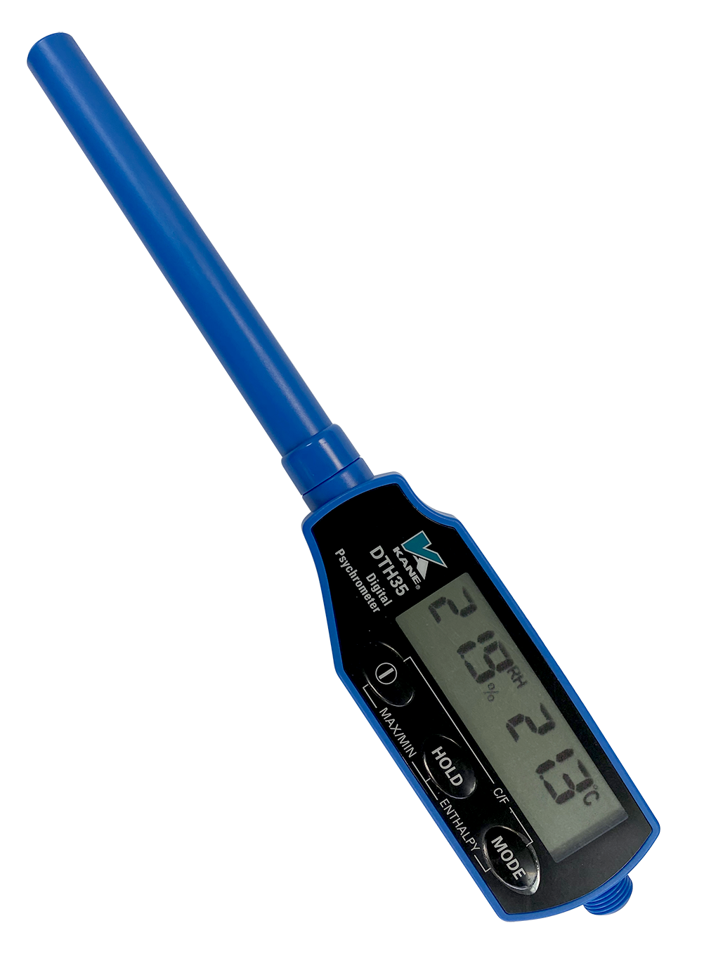 DTH35 digital pocket psychrometer with blue probe and display showing humidity and temperature