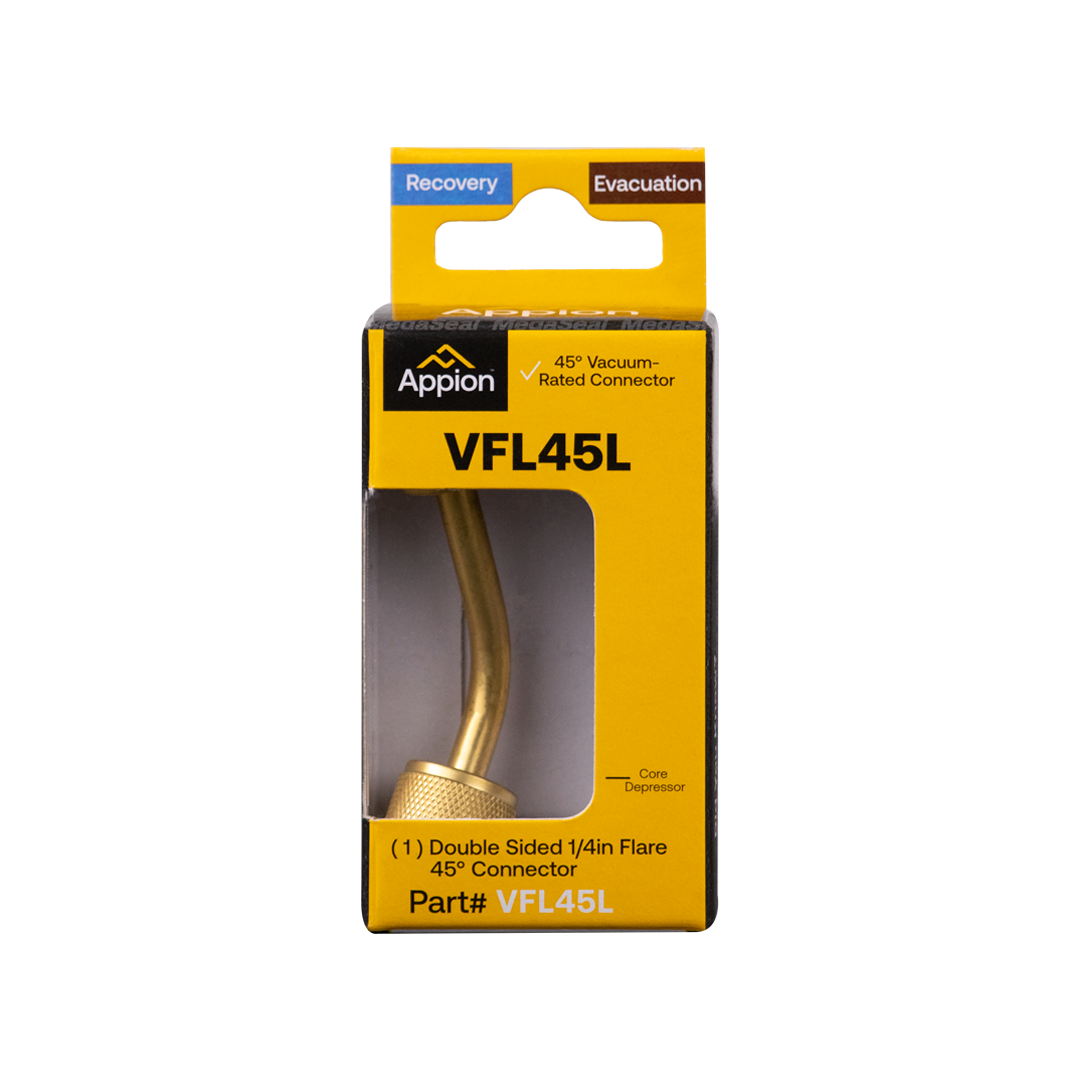 Packaging for a yellow and brass-colored 45-degree vacuum-rated connector with the model number VFL45L, featuring a core depressor and double-sided flare, branded Appion.