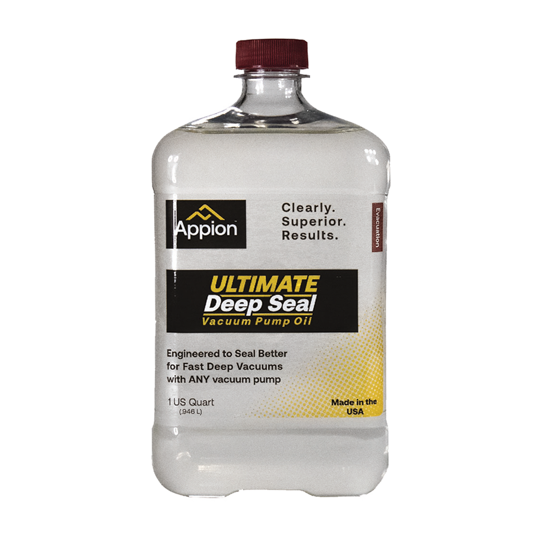 A bottle of Appion Ultimate Deep Seal vacuum pump oil with a red cap and a label indicating it is designed for deep vacuum seals, made in the USA.