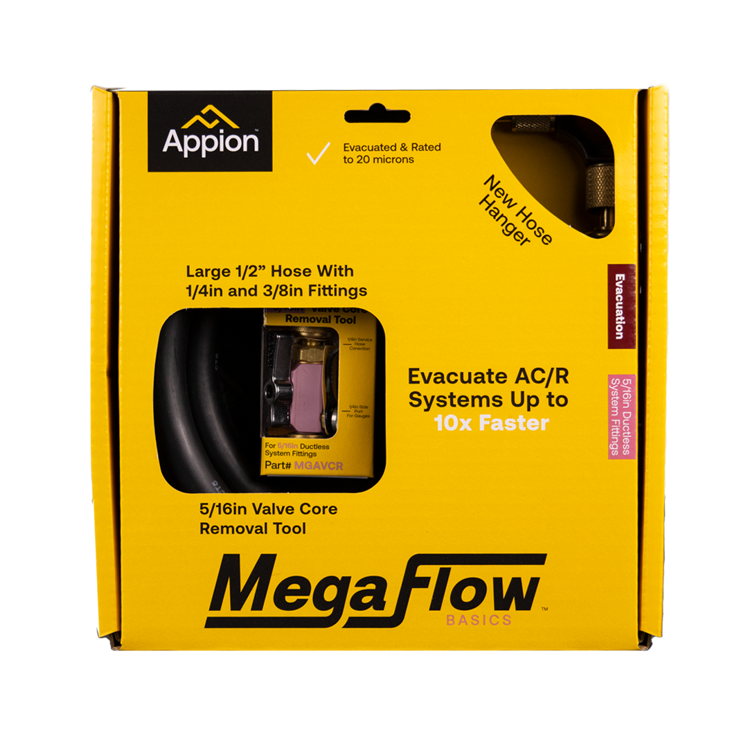 Yellow and black MegaFlow Basics HVAC system coil removal tool and hose with fittings in packaging.