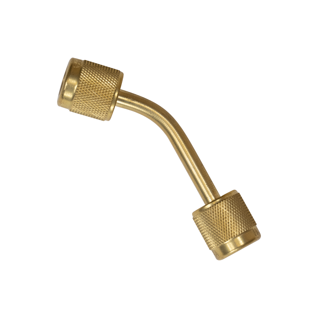 A gold-colored fitting with knurled ends at a 45 degree angle, labeled 'APPION,' against a black background.