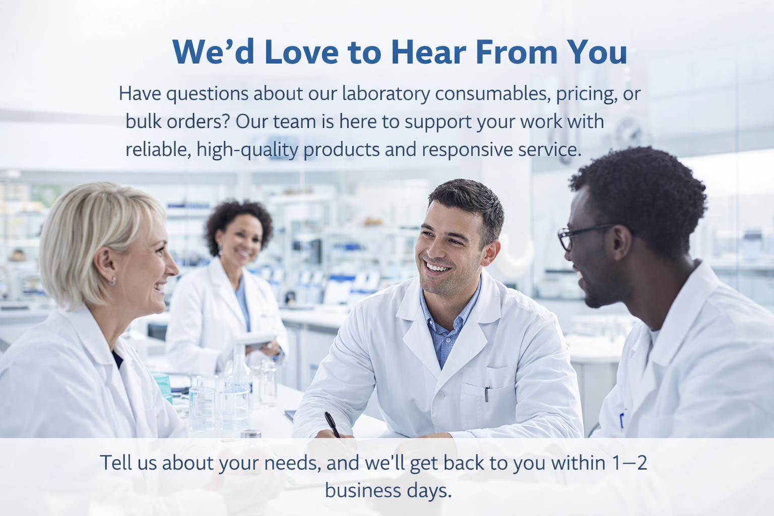 Scientists in a laboratory engaged in conversation, wearing lab coats in a well-lit lab environment, with a support message overlay.