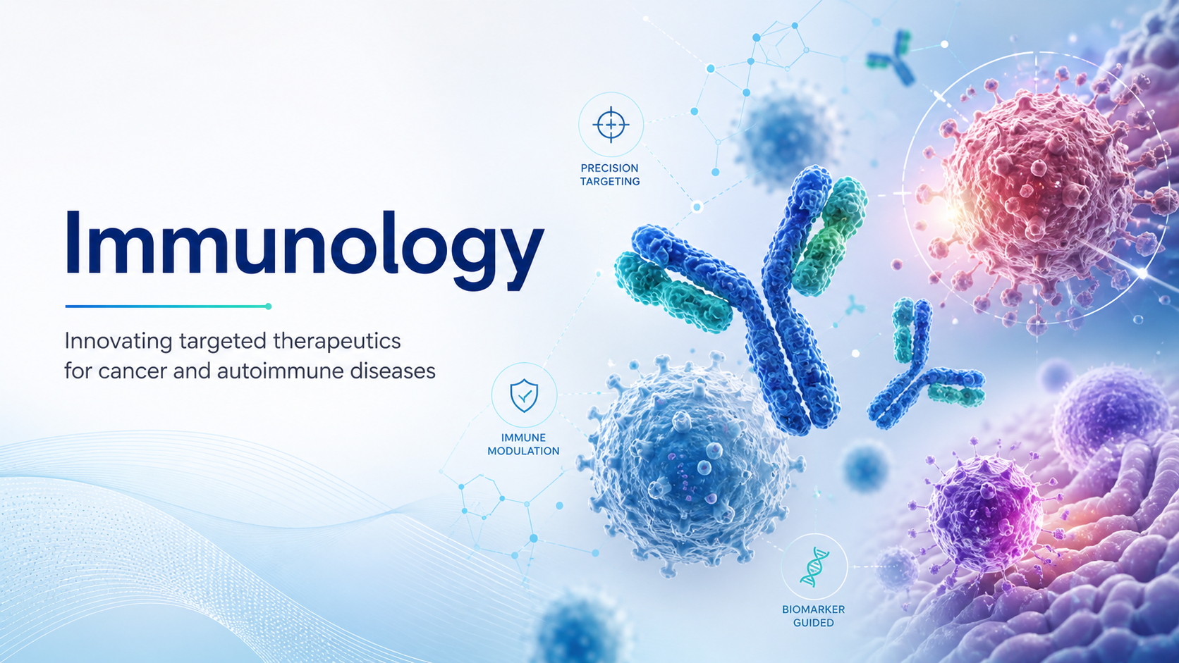 Scientific illustration of immune system targeting cancer and autoimmune diseases, featuring DNA strands, immune cells, and viruses with labels for precision targeting, immune modulation, and biomarker guiding.