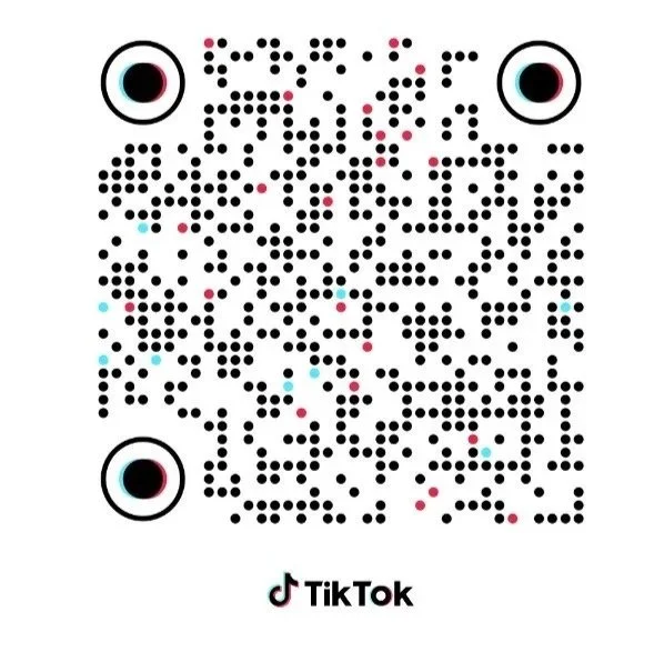 A TikTok QR code for scanning, with black dots, pink and blue markings, and three eye-like circles at the top left, top right, and bottom left, along with the TikTok logo and text at the bottom.