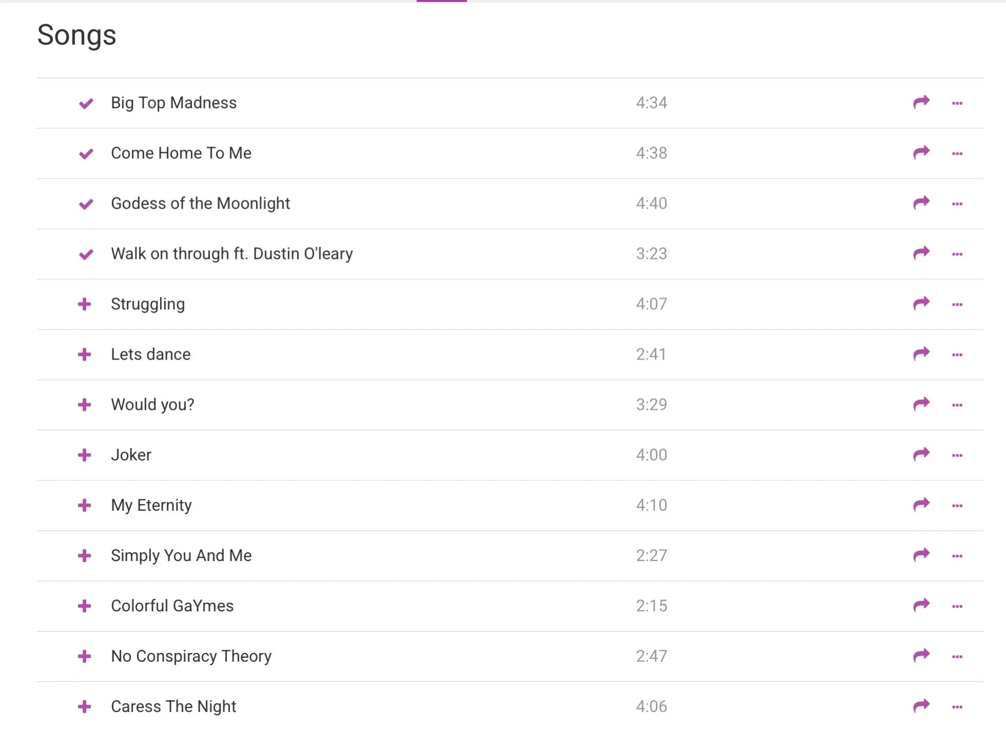Screenshot of a music playlist labeled 'Songs' with various song titles and durations.