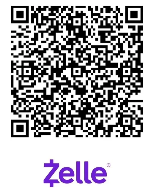 A QR code with the Zelle logo and name below it, used for digital payment transfer.