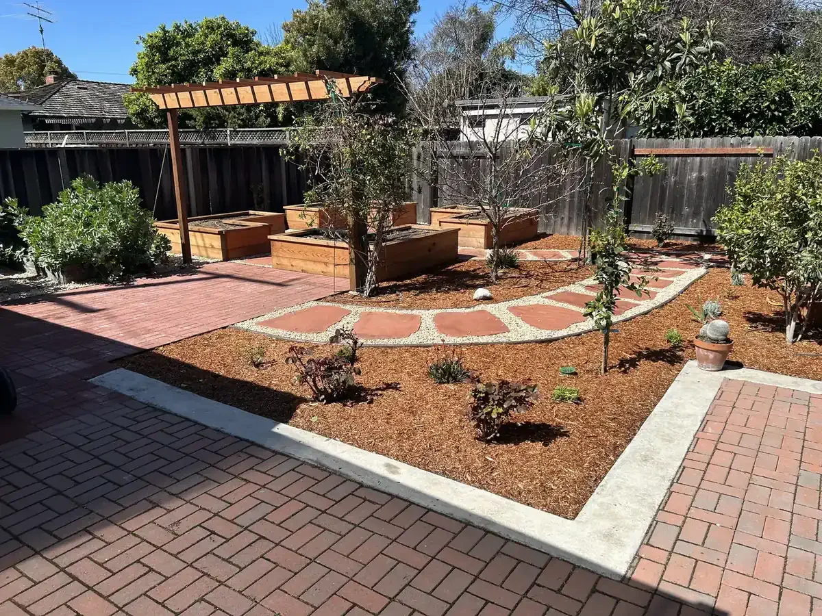 Backyard garden with brick patio, raised wooden garden beds, small trees, potted plants, and a wooden pergola. Fencing surrounds the yard under a clear blue sky.