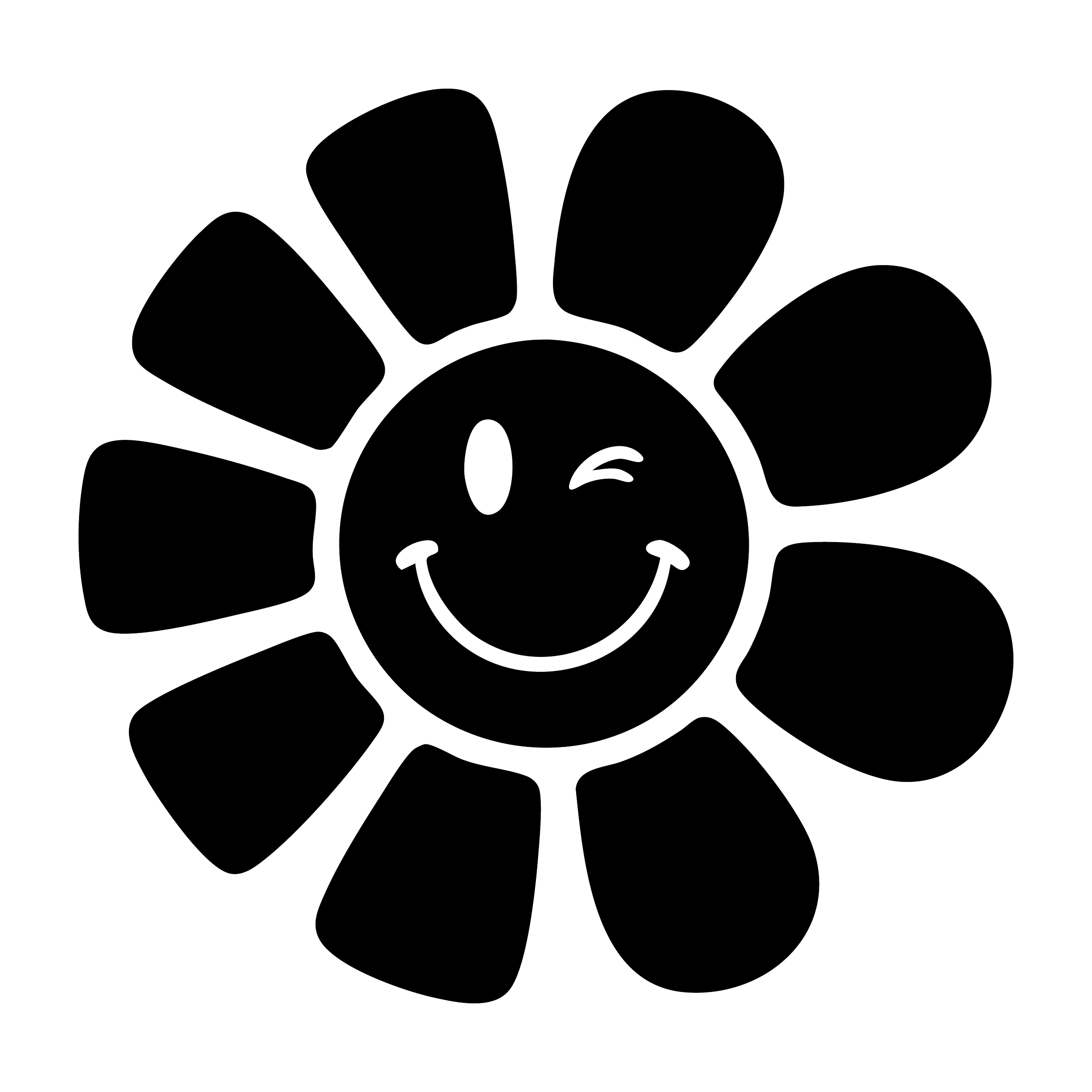 Outline of a cheerful, winking sunflower with a smiling face in the center.