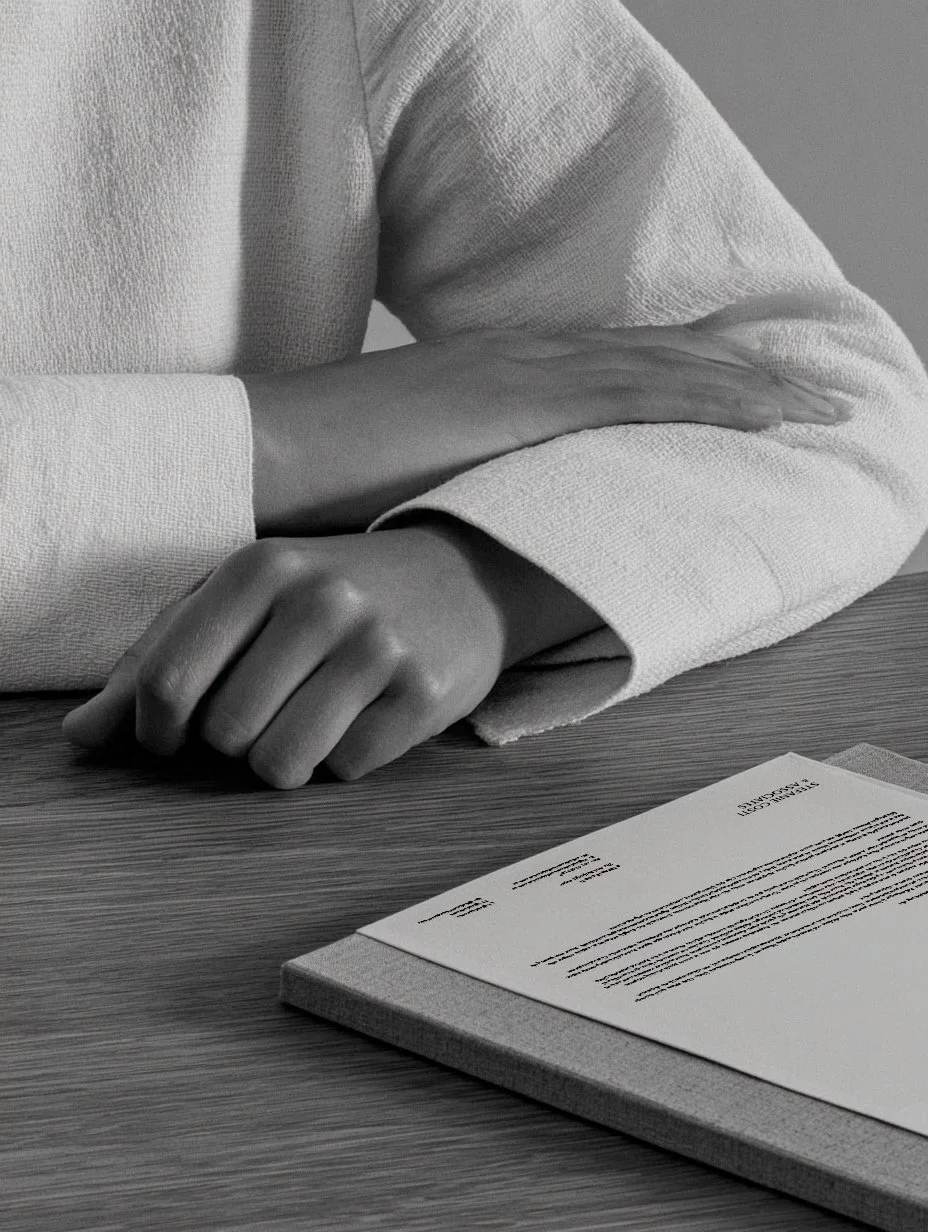 Close-up of a person’s arm resting on a table with a document, in black and white.