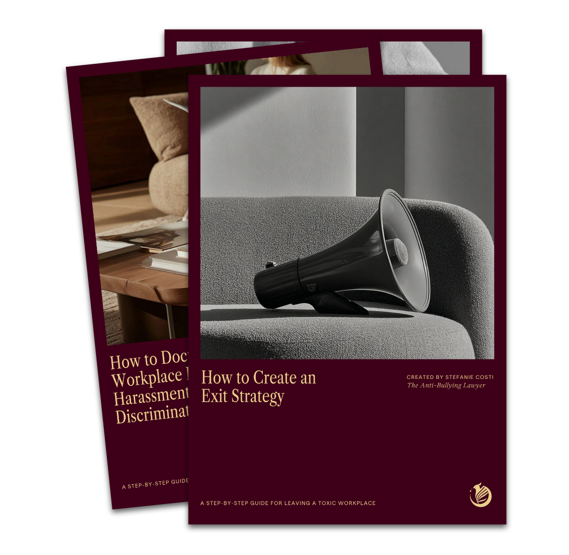 Two guidebooks featuring dark burgundy covers, one titled 'How to Create an Exit Strategy' with a black megaphone on a gray couch, and the other partially visible titled 'How to Document Workplace Harassment and Discrimination'.