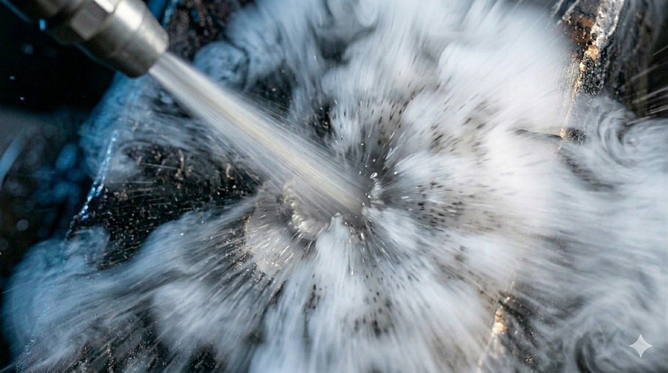 3. Rapid Sublimation (Micro-Explosion) stage of dry ice cleaning - Upon impact the CO2 expands in volume by nearly 800%. This rapid expansion acts like millions of tiny "micro-explosions" underneath the layer of contaminant, lifting it off.