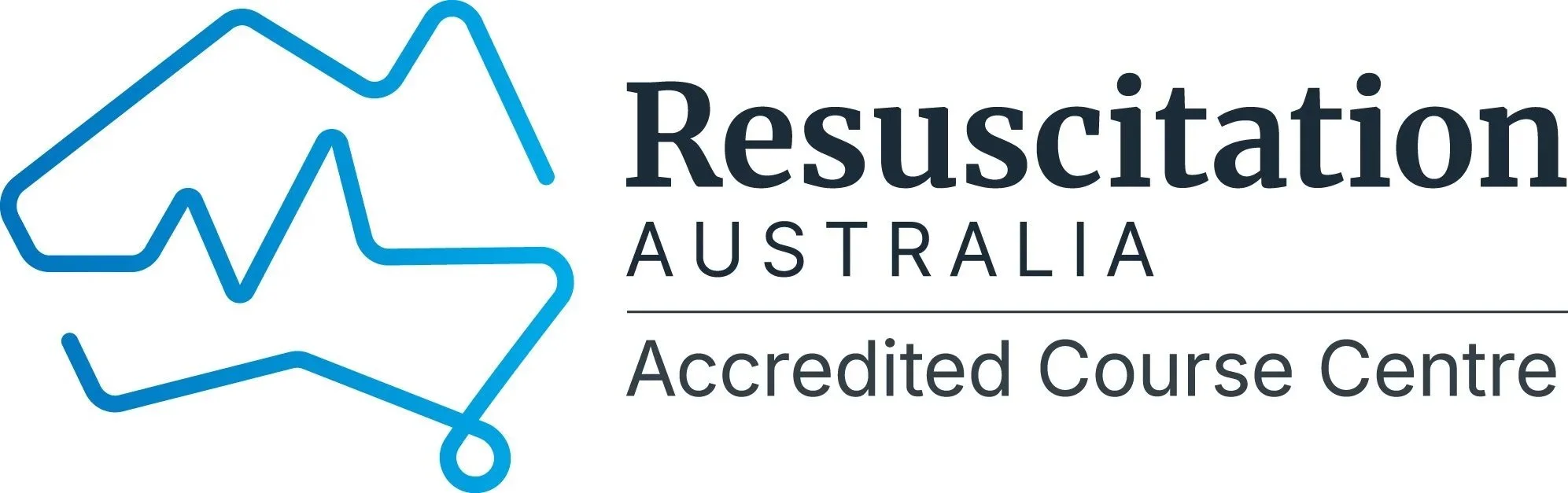 Logo of Resuscitation Australia, featuring a stylized blue outline of Australia with a heartbeat line across it, and the text 'Resuscitation Australia Accredited Course Centre' beside it.