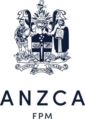 The ANZAC logo featuring two soldiers, a tree, and a banner with text, with the words 'ANZAC' and 'FPM' below.