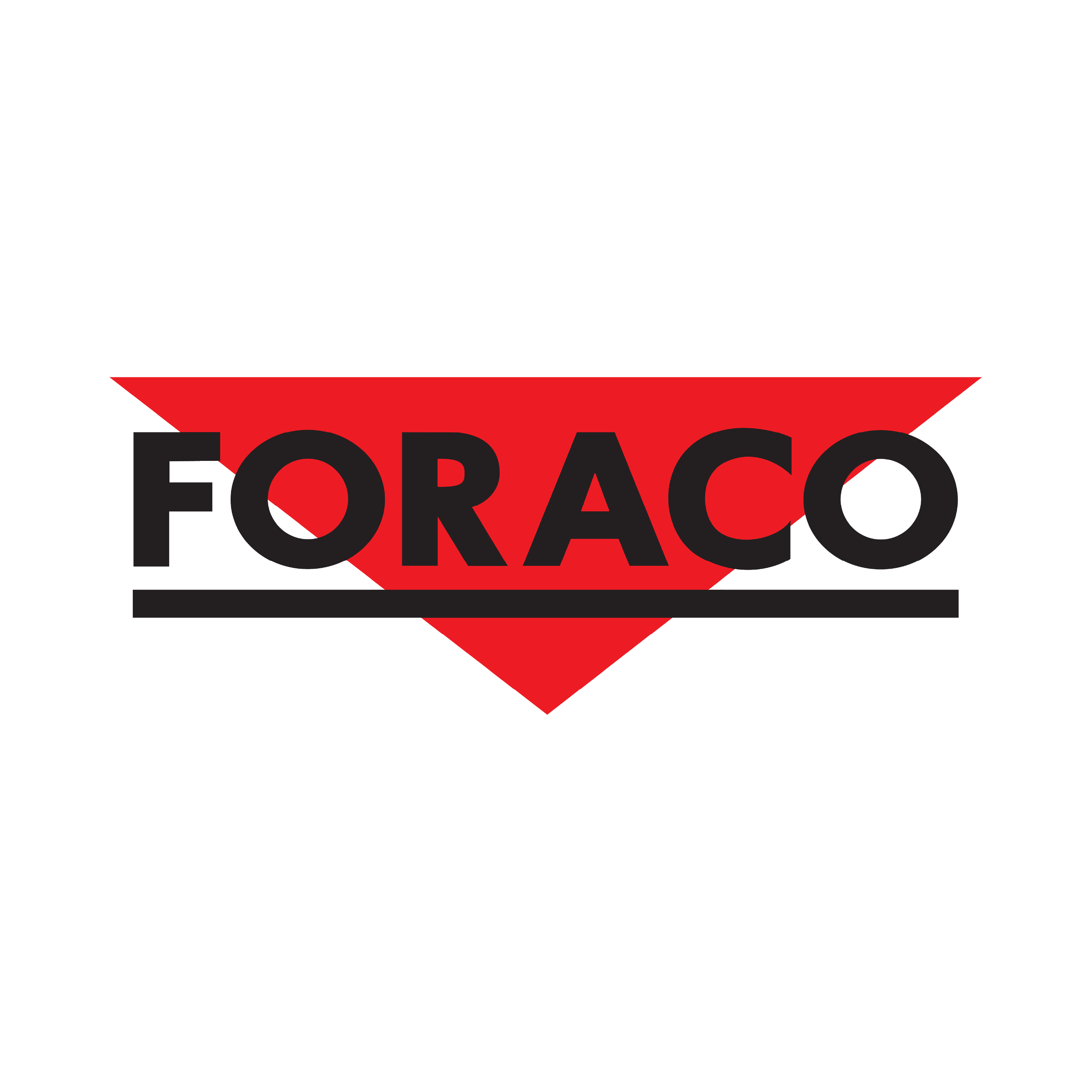 Black and red logo with the words "FORACO" in bold, with a red diamond shape tunnel behind the text.