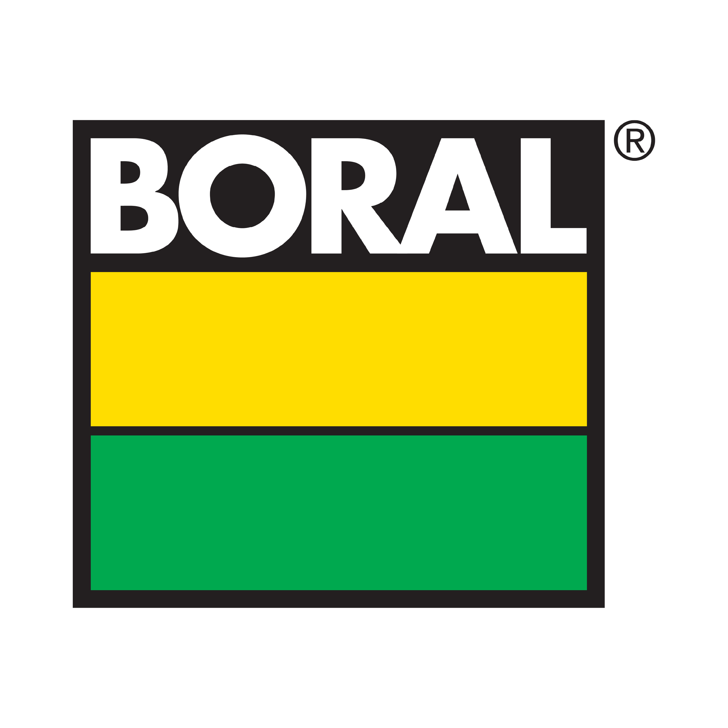 BORAL Logo on a black background, with yellow and green color bands below.